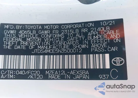 2022 Toyota Corolla Se из США, поврежденный, VIN JTDS4MCE5N3500012